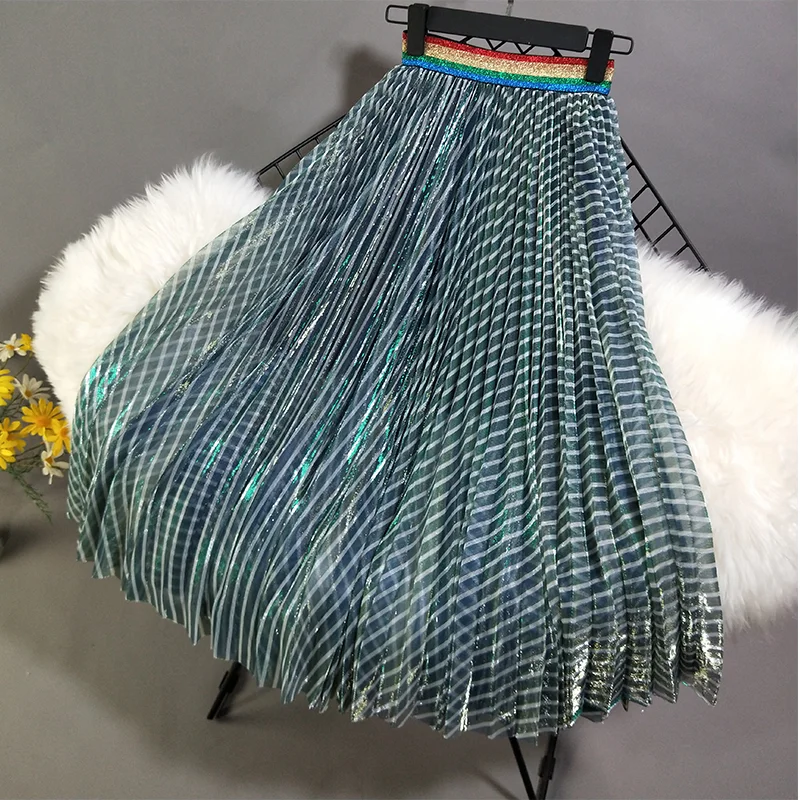 

2018 Summer Autumn Women's Green Stripes Pleated Skirts Ladies Big Swing Elegant Gauze Skirt Students Holiday Wind Mid Skirt