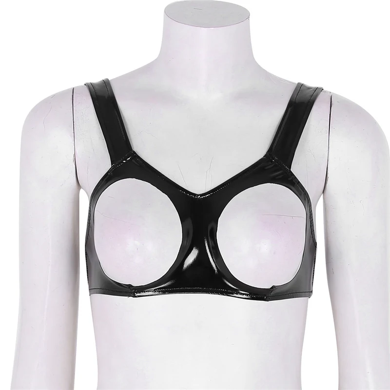 YiZYiF Womens Sexy Open Cups Bra Erotic Lingerie Wetlook Faux Leather Fetish bra cut erotic breasts Underwear open bra Crop Top