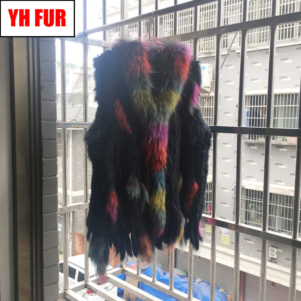 

2019 Women Real Rabbit Fur Vest Handmade Knitted Tassels 100% Real Genuine Rabbit Fur Gilet Real Raccoon Fur Collar Waistcoat