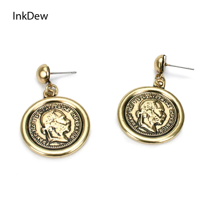 

GWACC 2019 Vintage Avatar Coin Pendant Metal Drop Earrings Fashion Geometry Gold Alloy Earrings For Women Dangle Earrings