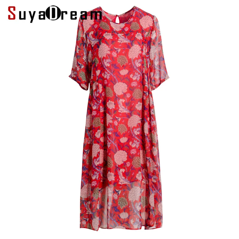

Women Silk Dress 100%REAL SILK Georgette Double Layers Print Dressed O neck Short Sleeved Casual Dresses for Women 2019 Summer