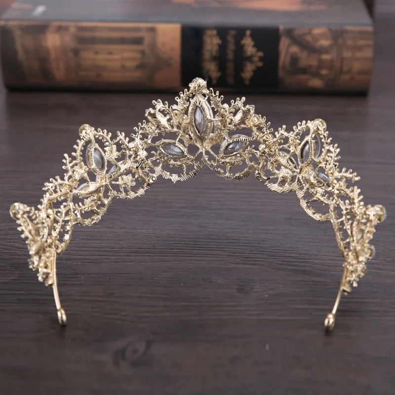 Light Gold Baroque Luxury Crystal Bridal Crown Tiara Wedding Hair Accessories