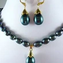 Подлинная 9- 10 мм черный жемчужное ожерелье оболочки жемчужной сережкой комплект замечательный дворянство прекрасно свадебные украшения счастливицы