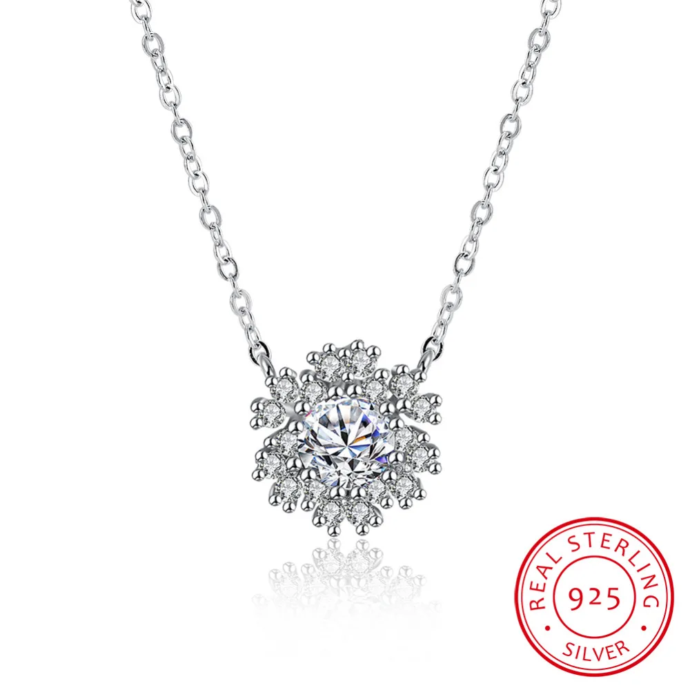 

100% Pure 925 sterling silver jewelry cute full crystal stone snow flower pendant necklace for women fine wedding jewelry