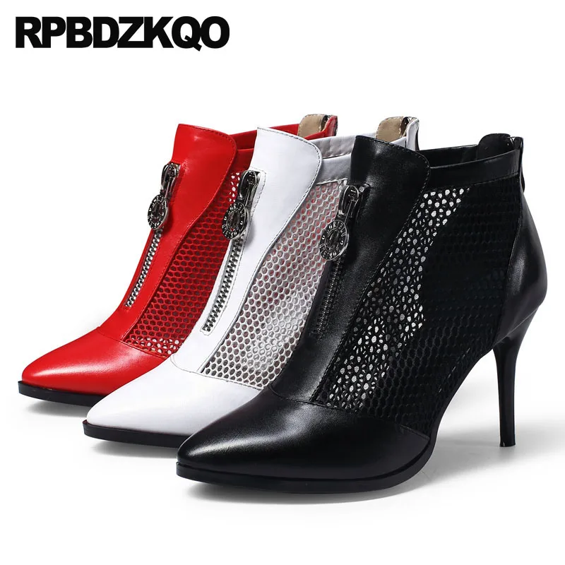 

High Quality Cut Out Pointed Toe Boots Sandals Booties Stiletto Ankle Heel Genuine Leather Designer Shoes Women Luxury 2018