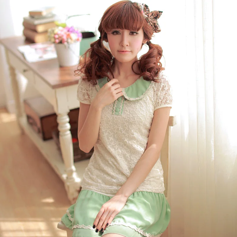 2013NEW2013 spring and summer peter pan collar puff sleeve lace top spaghetti strap basic one-piece dress twinset | Женская одежда