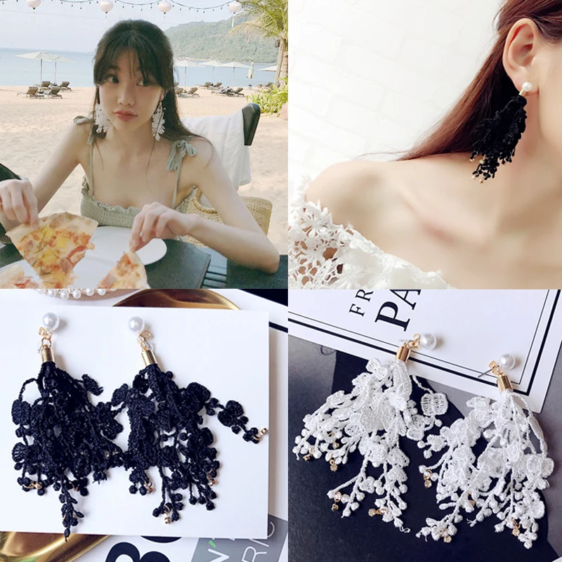 M MISM/Новинка 1 пара длинные модные серьги для женщин черные белые кружевные
