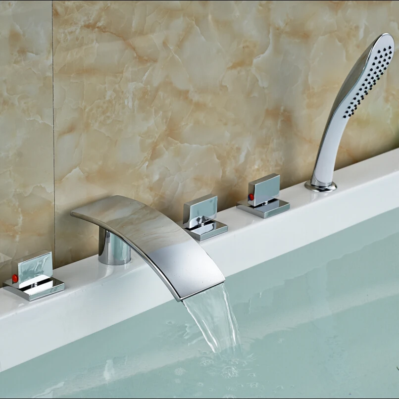 

Luxury Deck Mount Chrome Roman Tub Faucet Widespread 5pcs Bathtub Mixer Tap with ABS Handshower