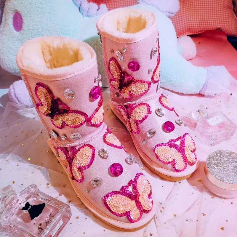 

Cute Butterfly Sequin Winter Boots Women Rhinestone Crystal Snow Boots Platform Waterproof Warm Winter Shoes Woman Bota Feminina