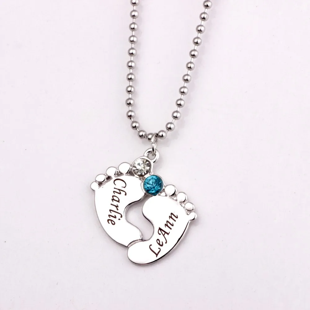 Personalized Engraved Baby Feet Pendant Necklace with Birthstones Long