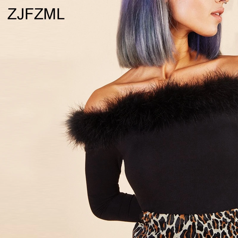 Autumn Off Shoulder Skinny Sexy Bodysuit 2018 Winter Long Sleeve Fluffy Rabbit Fur Patchwork Romper Women Black Causal Bodysuit