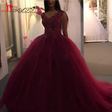 Weinrot Abendkleider Bodenlangen V-ausschnitt Spitze Appliques Pailletten Ballkleid Tüll Ballkleider 2017 Arabisch