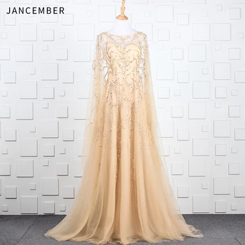 

JANCEMBER Luxury evening gowns long sleeve Beading Sequined Illusion O-Neck Chapel Train A-Line New evening gown long dresses