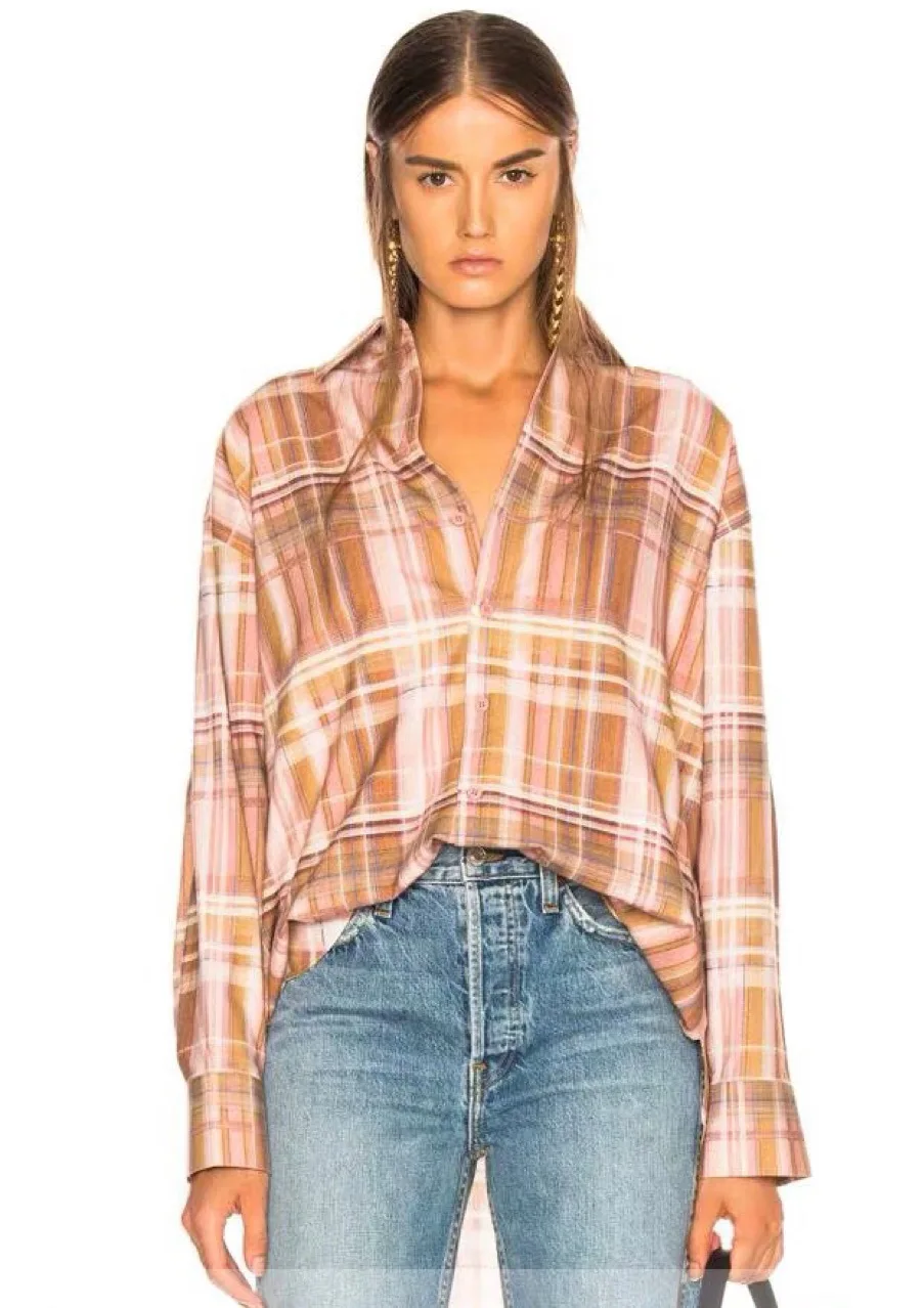 

Women Shirt 2019 Spring and Summer Cotton Sanding Soft Magic Color Tone Orange Color Plaid Shirt