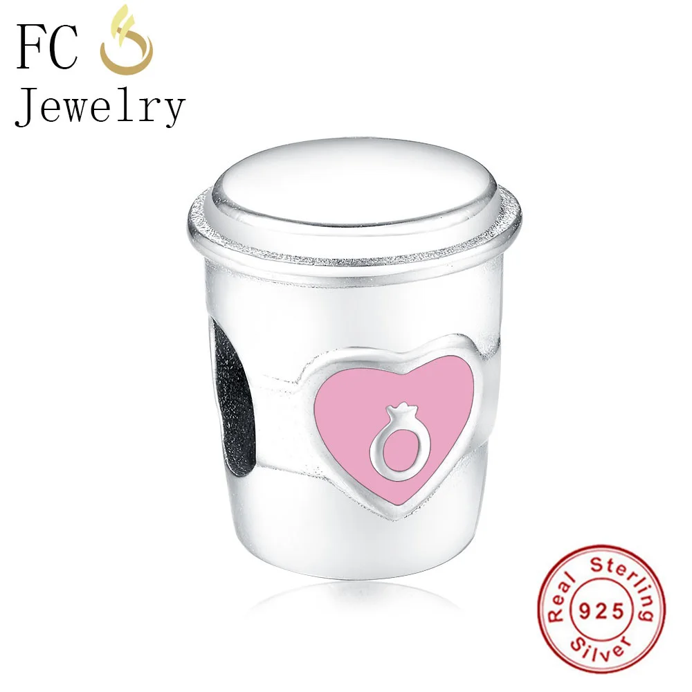 

FC Jewelry Fit Original Pandora Charms Bracelets 925 Sterling Silver Pink Enamel Ring Coffee Cup Beads Making Berloque Valentine