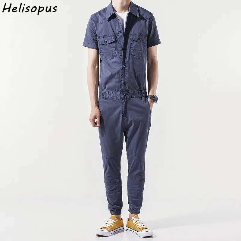 Helisopus Mens Short Sleeve Jumpsuits Cargo Work Long Pants Hip hop