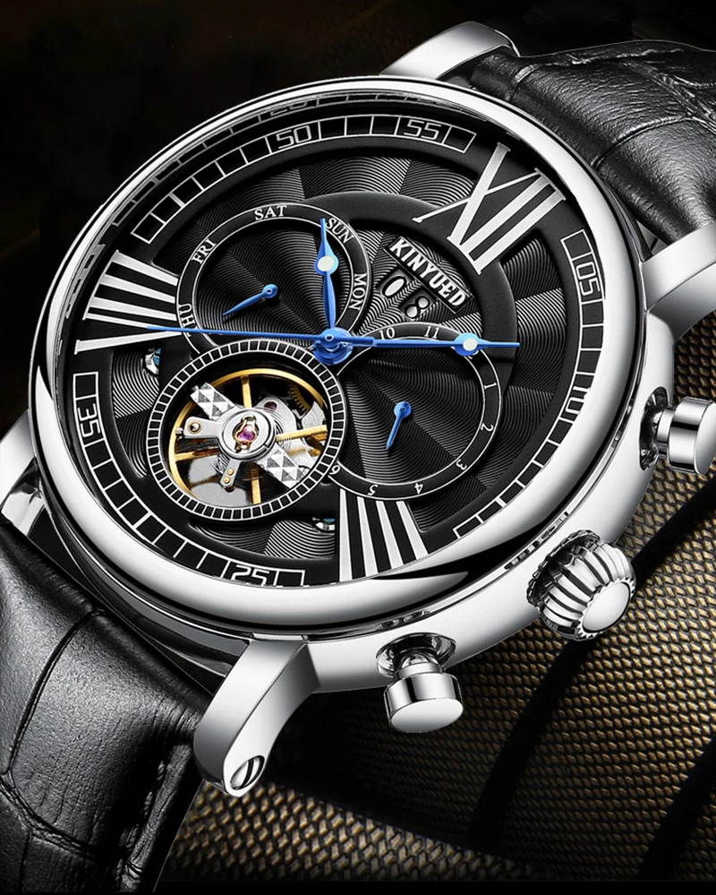 Kinyued Топ Горячие механические часы для мужчин кожаный ремешок золото водонепроницаемый автоматические наручные часы Скелет Турбийон мужские наручные часы