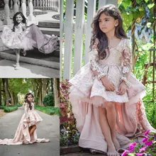 Розовое платье с длинными рукавами и блестящими серебристыми пайетками для девочек, платье с цветочным узором для девочек длинный шлейф, наряд подружки невесты для свадебной вечеринки