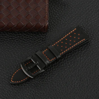 

22mm 24mm Black Leather Watch Band Luxurious and Durable Strap Men Leather Pin Buckle Holes Belt Band