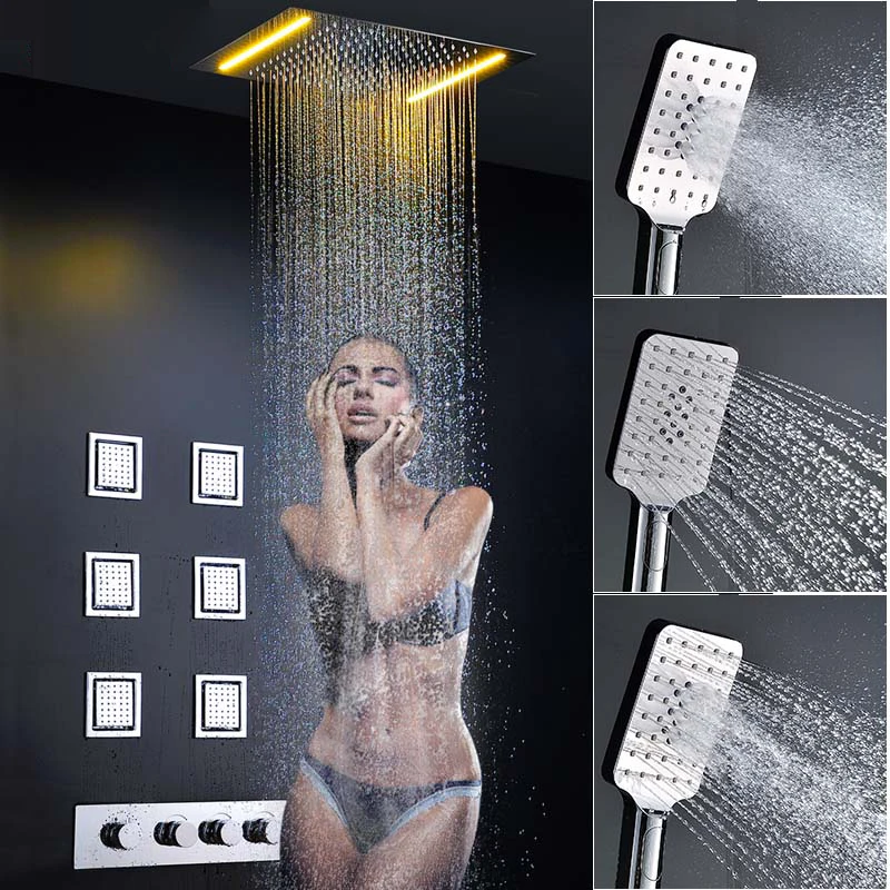 

Concealed Thermostatic Shower Set Panel Bathroom Mixer Faucet Bath Tap SUS304 Ceiling Rainfall Shower Head 800x600 mm Rain Mist