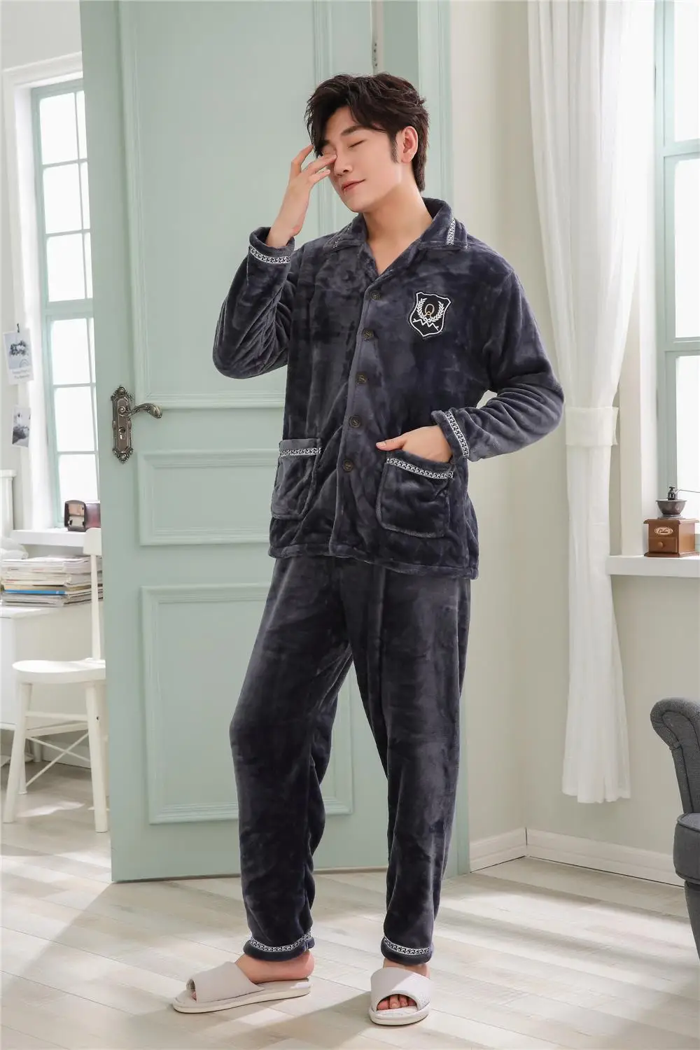 Зимние теплые для мужчин пижамы для девочек Sleepcoat мотобрюки Брюки Lounge одежда пижамы и ночное белье фланелевая мужская домашняя