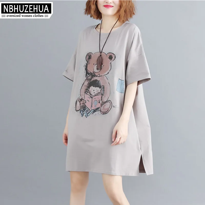 

NBHUZEHUA 2019 Summer T Shirts For Women Cartoon Bear Print Long Top Short Sleeve Cotton Plus Size T Shirts 4XL 5XL 19-D186