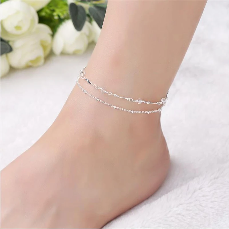 

925 Silver Anklets For Women Jewelry Fashion Double Layer Crystal Girl Bracelets Lady Party Accessories Christmas Gifts KB152