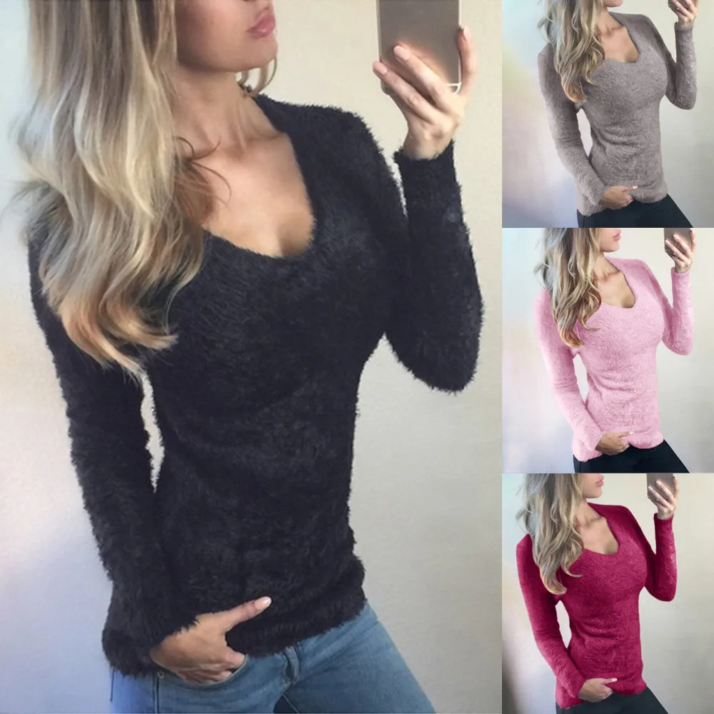 Autumn Women lady V-neck Slim Sweater Shirt Casual Warm High Elastic Long Sleeve Tops and Blouse Slim Fit Sweaters