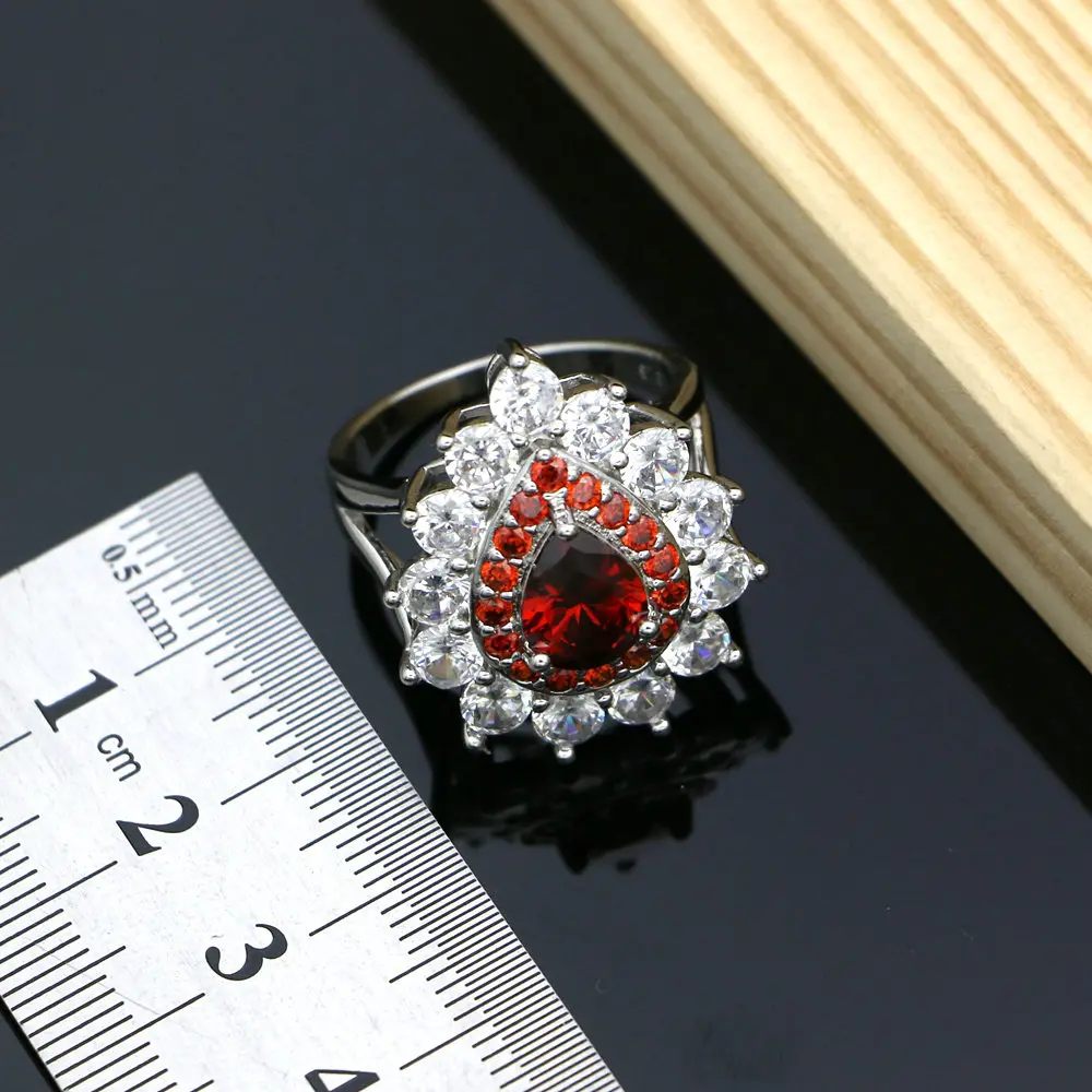 Костюм Ювелирные наборы Красный CZ Кристалл 925 серебро набор украшений для женщин серьги/кулон/Кольцо/браслеты/ожерелье наборы - Окраска металла: Ring
