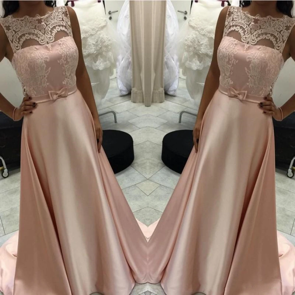 

Glamorous Sheer Evening Dresses A Line Peach Appliques With Bow Sash Long Prom Gowns Mother Dress Custom Made Robe de soriee
