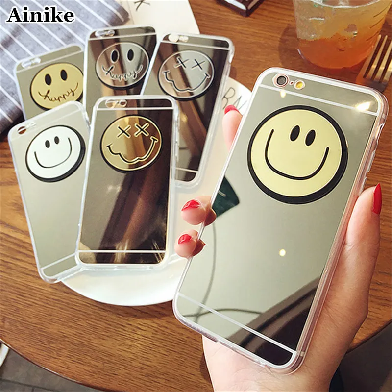 Ainike Smile Face Acrylic Mirror Phone Case For iPhone X XR XS MAX 8Plus 4s 5s SE 6 6S Plus 7 7plus Lovely Smiling Cover