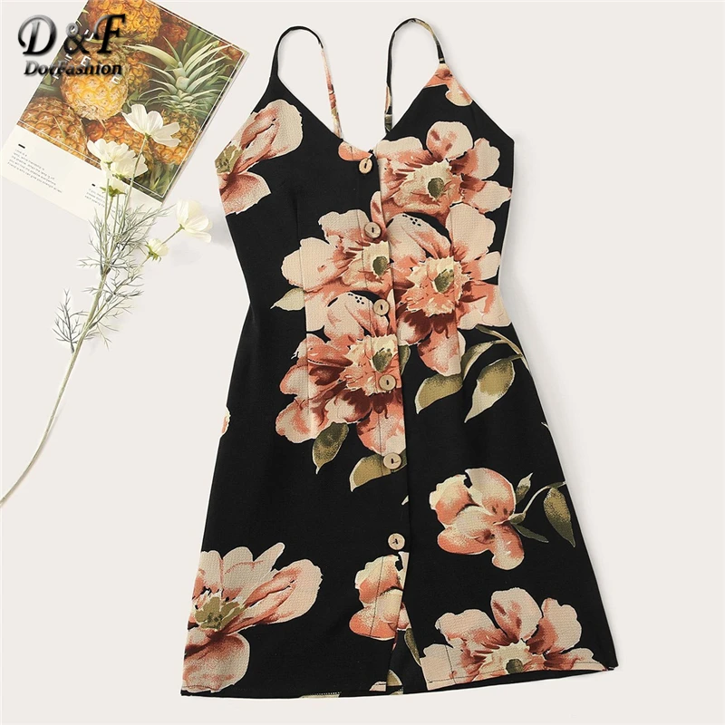 

Dotfashion Floral Print Button Front Tie Back Black Cami Dress Summer Short Dress 2019 Women Sleeveless A Line High Waist Dress