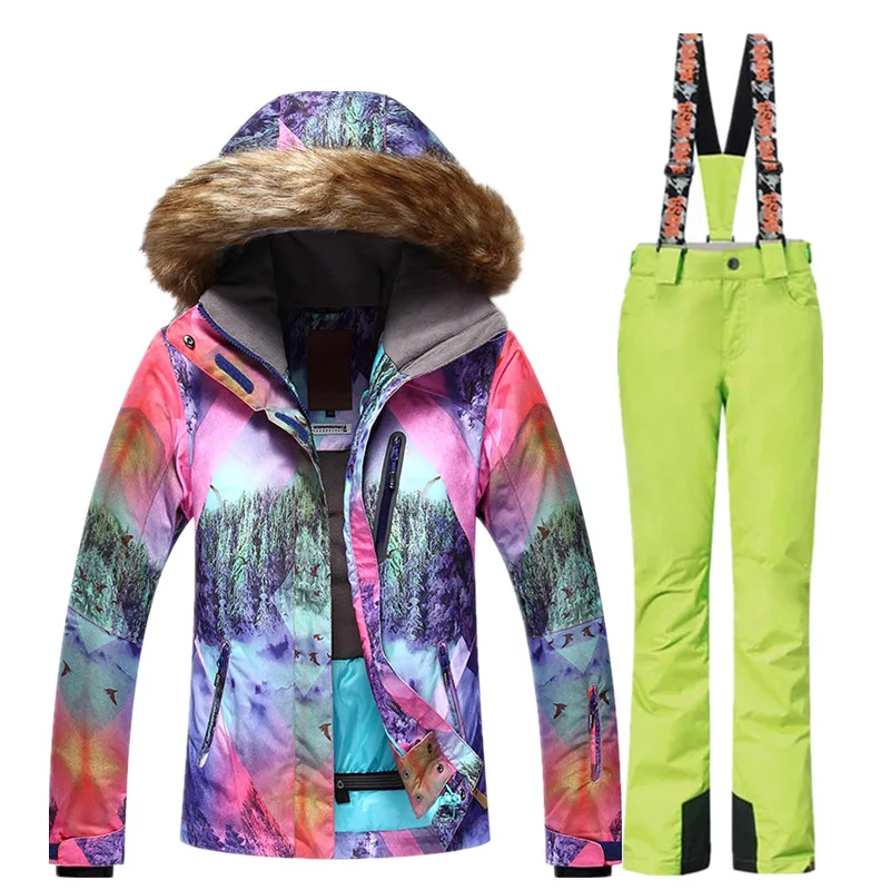 

GSOU SNOW Women Ski Suit Hooded Waterproof Mountain Skiing Suit Snowboard Ski Jacket Pants Set Winter Outdoor Sports Clothing