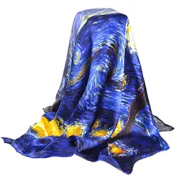 Темно-синий 100% натуральный шелковый шарф для дам брендовые Дизайнерские шарфы Весна Осень Ван Гог Картина маслом квадратные шарфы
