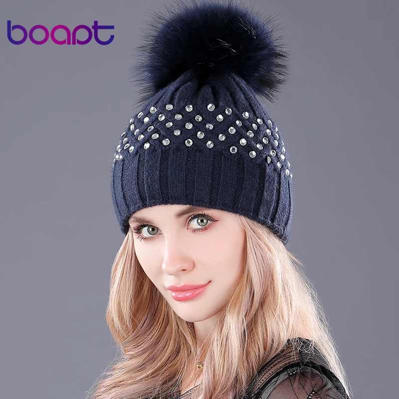

[boapt] rhinestones diamond double-deck rabbit knitted hat natural raccoon fur hats women's winter caps female pompon beanies
