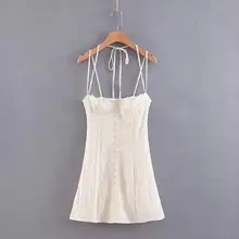 2019 nuevo vestido blanco Beige vestido de verano vintage playa coreana mini casual espagueti vestido de lino sin mangas sexy vestidos