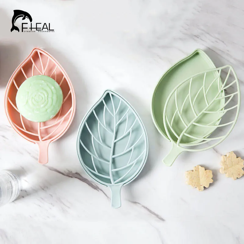 

FHEAL Leaf Shape Soap Box Bathroom Double Layer Drain Rack Kitchen Sink Sponge Storage Holder Sundries Jewelry Organizer Tray