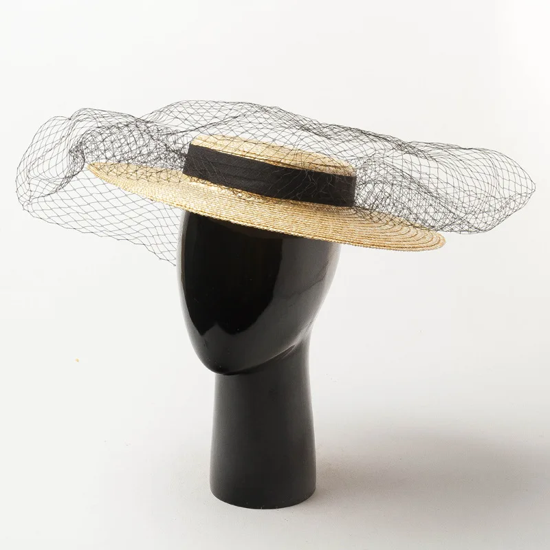 Women Shallow Flat Top Straw Hat with Black Mesh Head cover Female Summer Spring Fashion Retro Large Brim Fedoras