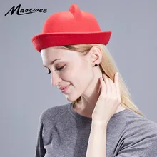 Девушка прекрасный кот уха розовый фетровых Винтаж Повседневное Fedora Шапки чувствовал Шапки женский, черный шляпа Кепки осень-зима Pillbox Hat