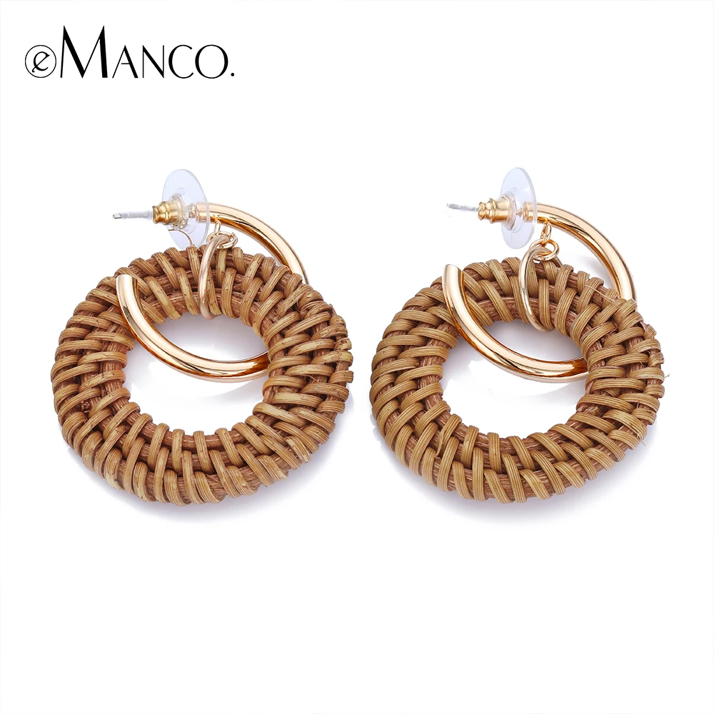 e-Manco Rattan Braid Drop Earrings For Women Vine Knit Round Circle Dangle Earrings Weaving Hand Made femme Fashion Jewelry