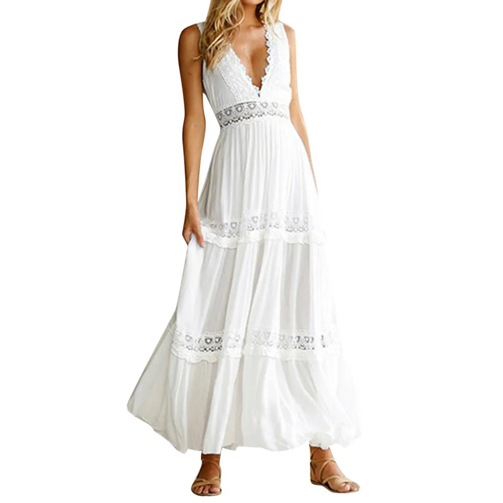 

JAYCOSIN Fashion Women Boho Long Maxi Dress Summer Sexy Lady White Beach Evening Party Sundress Sleeveless V-Neck Dress Vestidos
