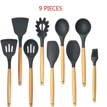 

Wood Handle Silicone Kitchen Utensil Set of 5/6/7/8/9 Pieces Heat-resistant Non-stick Special Cooking Shovel Spoon Kitchen Tools