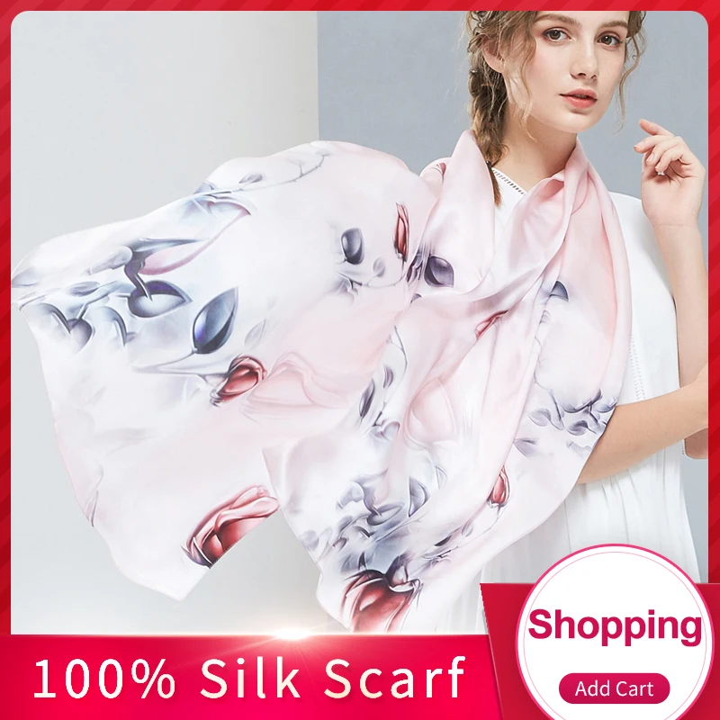

100% Real Silk Scarf Women 2018 Luxury Shawls and Wraps for Ladies Vintage Print Neckerchief Stole Natural Pure Silk Scarves