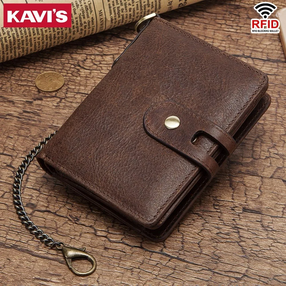 

KAVIS Quality Coffee 100% Genuine Leather Men Wallet PORTFOLIO Male Purse Small Portomonee Card Holder Hasp Chain Brand Quality