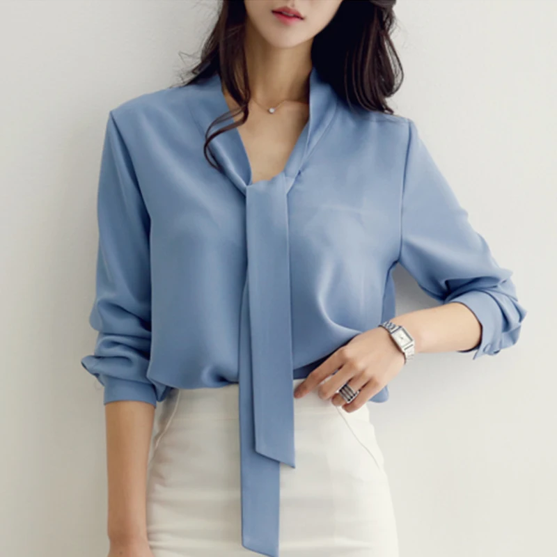 Office Ladies Long Sleeve Women Solid Color Shirt White