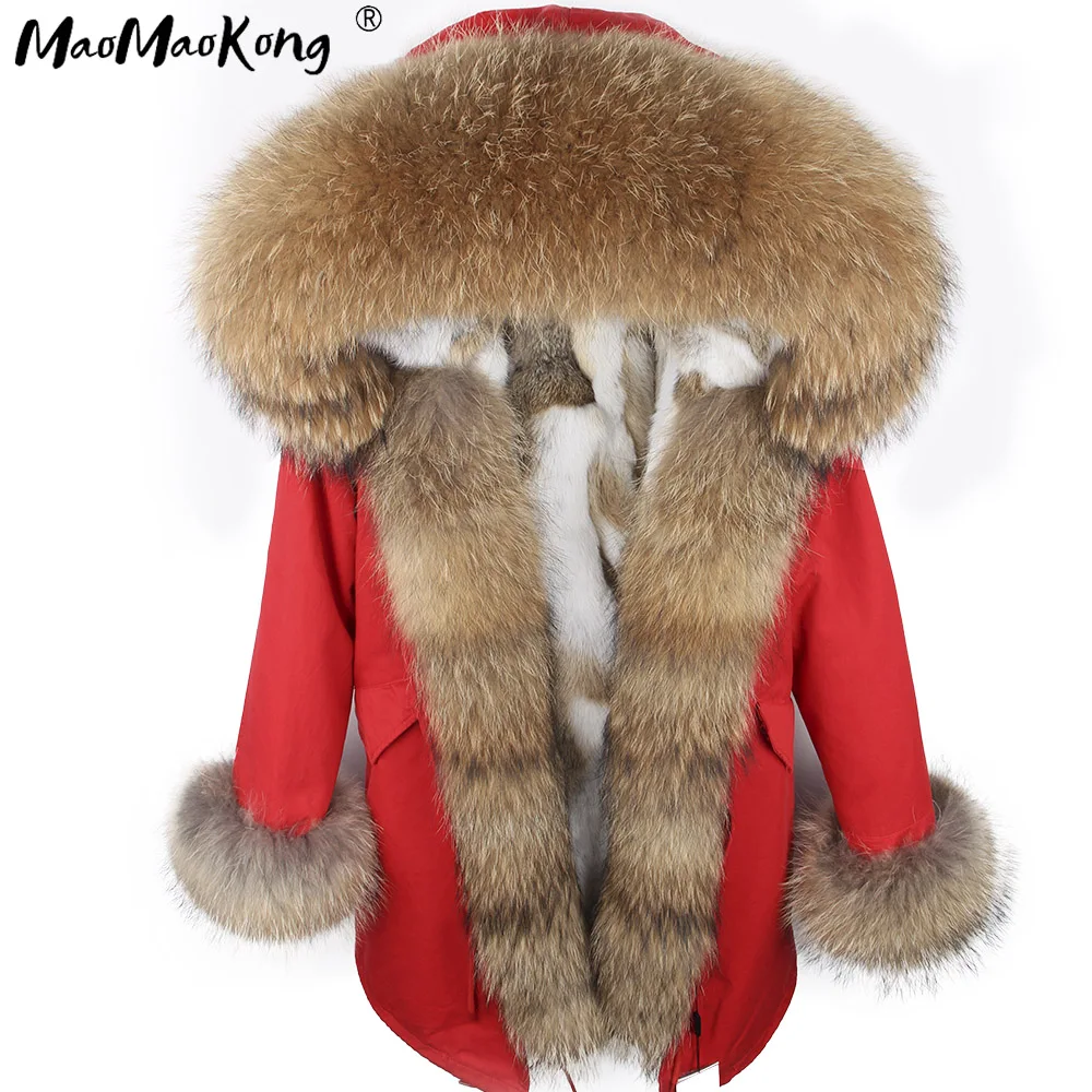 

maomaokong winter natural raccoon luxury fur collar long coat red army green natural rabbit fur lined parkas