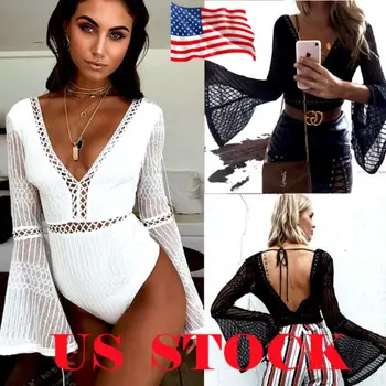 

Fashion Hot Women V Neck Sexy Flare Sleeve Bodysuits Solid Backless Drawstring Bodysuits