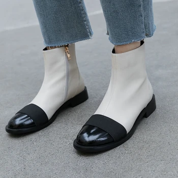 

EshtonShero Shoes Woman Women Ankle Boots Square Low Heels Leather Mixed Color Zipper Ladies Motorcycle Sock Boots Size 3-8