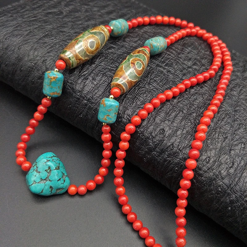 

Shuangsheng 2019 new 5MM coral women necklace bohemian national style high jewelry Tibet beads natural stone necklace 65cm