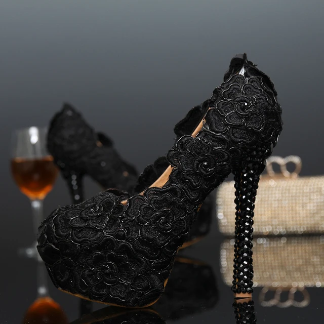 Popular Womens Rose Flower Wedding Shoes Black Lace Dress Shoes Black